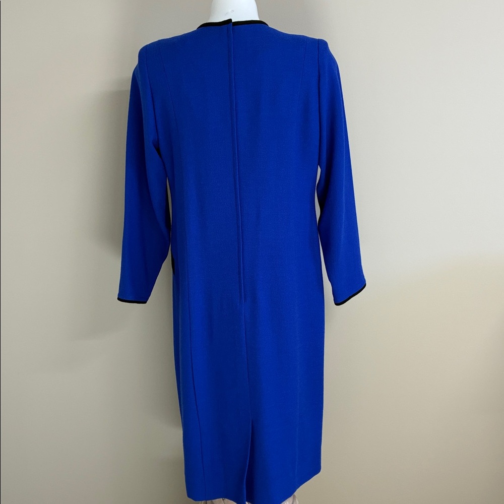Elegant Blue Long Sleeve Dress; 100% Wool Crepe Midi Sheath Dress; Lined; Sz:16 - Picture 4 of 10